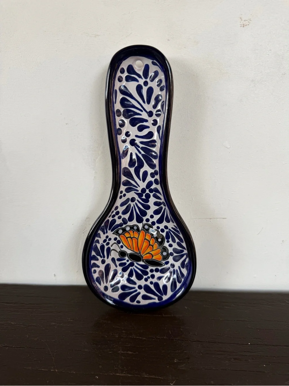 Handcrafted Blue and White Talavera Spoon Rest with Butterfly